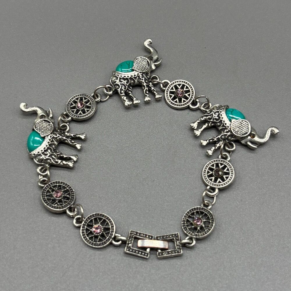 Boho Elephant Charm Bracelet Silver Tone Turquoise Cabochon Rhinestones Link 8"